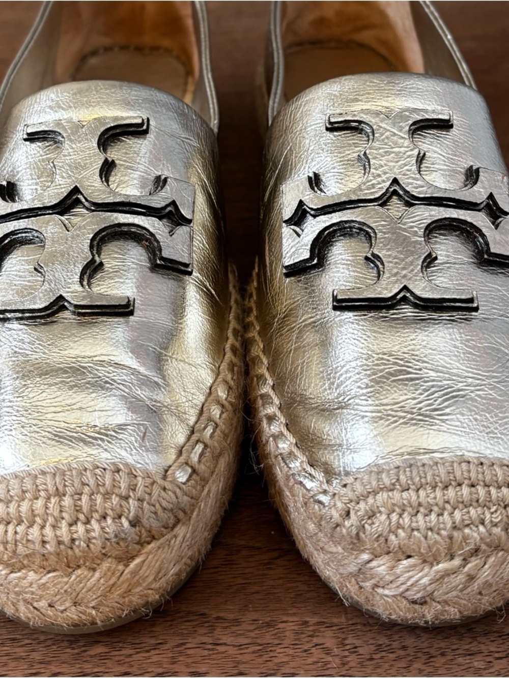 Tory Burch Ines Metallic Gold Logo Espadrille Flats Women Size 8